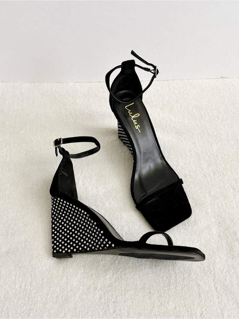 Lulus Black Rhinestone Ankle Strap Wedge Sandals Size